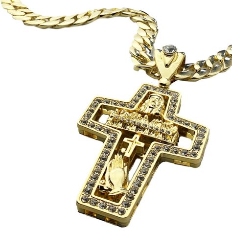 Bling Cartel Mens 14k Gold Plated Open Cross Iced Combo Pendant Jesus