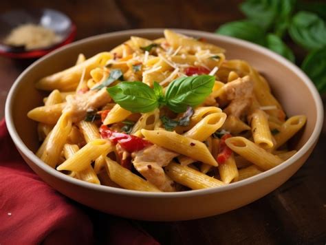 Premium Photo Penne Pasta In Tomato Sauce With Chicken In A Bowl