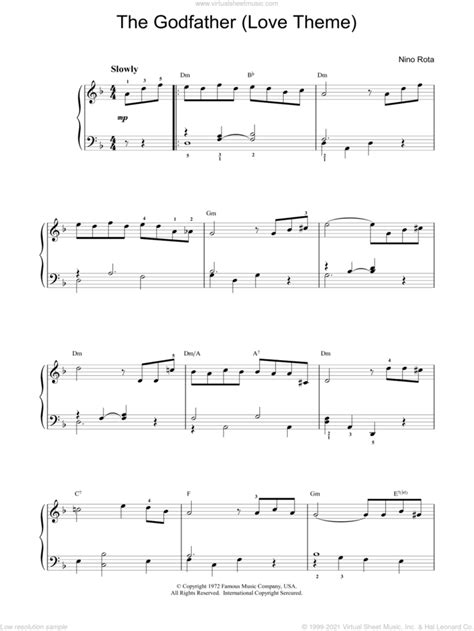 The Godfather Love Theme Intermediate Sheet Music For Piano Solo