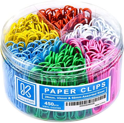 Kempshott 450 Color Paper Clips Assorted Sizes Small Medium And Large