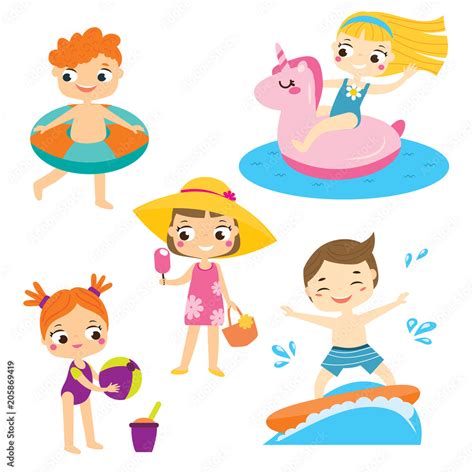 Cartoon Kids Set Children Having Summer Holidays Fun And Outdoor Beach