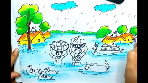 How To Draw Flood Sceneryeasy Flood Drawing For Kids Youtube