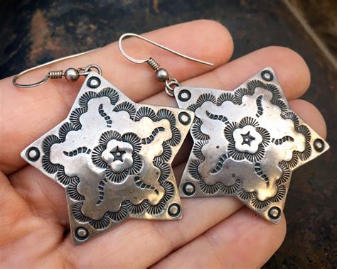 Vintage Sterling Silver Star Shaped Concho Earrings For Women Navajo