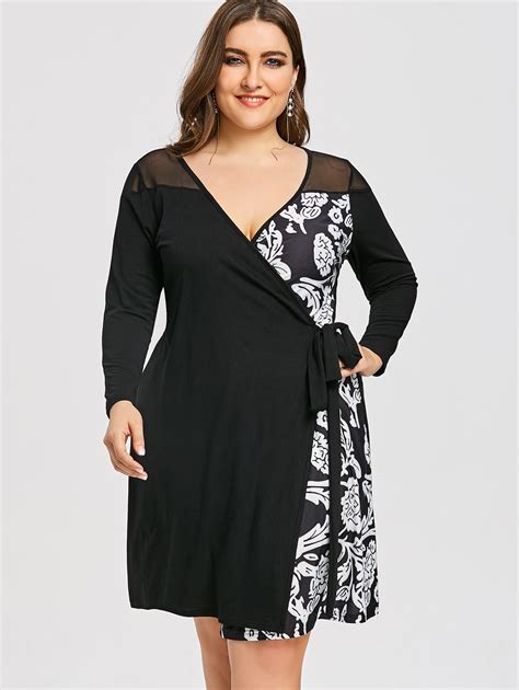 Buy Gamiss Women Casual Party Dresses Plus Size Mesh Panel Floral Print Wrap
