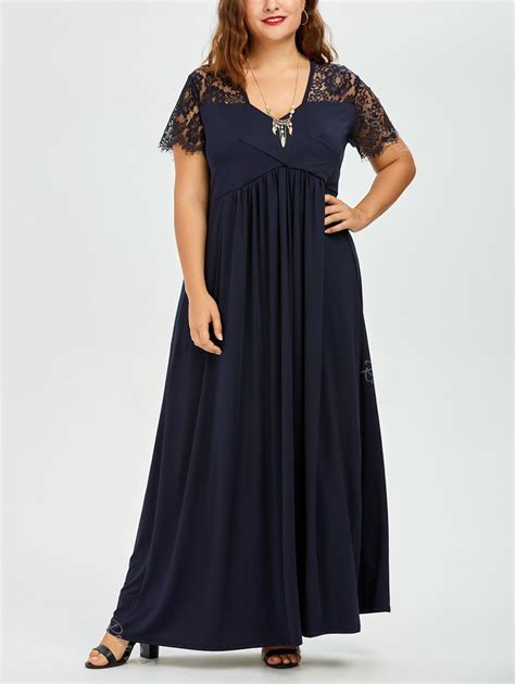 OFF Plus Size Long Lace Panel Maxi A Line Prom Dress Rosegal