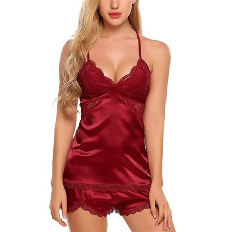 Womens Sexy Lingerie Ladies Lace Pajama Set Satin Sleepwear Elegant Night Suit Nighty For Ladies