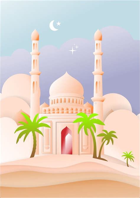 Ramadan Kareem Vector Illustration With Mosque Desert Moon Stars