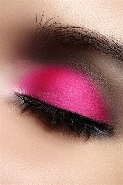 Close Up Of Fashion Eyes Make Up Bright Pink Eyeshadow Stock Photo