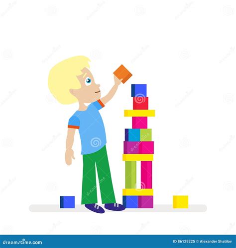 Niño Pequeño Que Construye Una Torre Grande De Cubos Coloridos Juegos