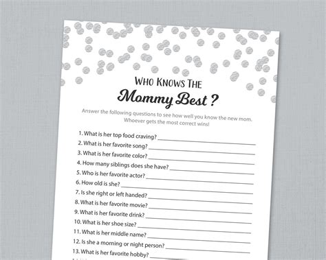 Who Knows Mommy Best Baby Shower Game Printable Silver Confetti How