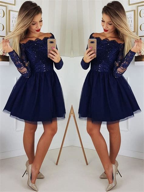 Off The Shoulder Long Sleeves Lace Navy Blue Short Prom Dresses Homeco Abcprom