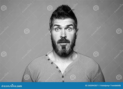 Shocked Bearded Man With Surprise Expression Wow Amazed Excited Face Barbershop Stock Image