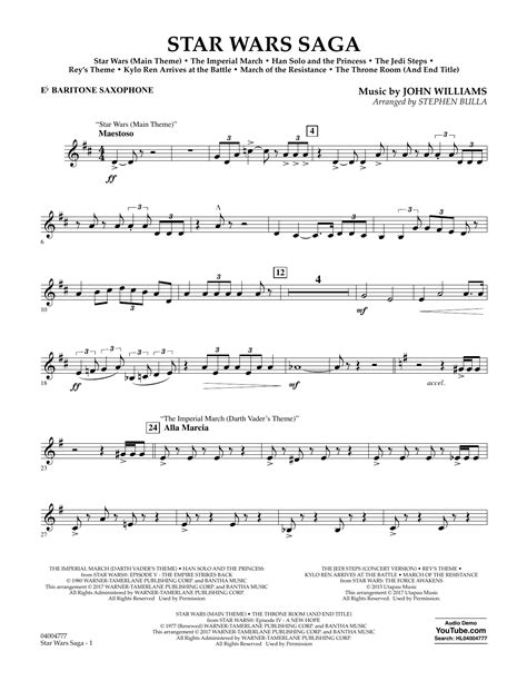 Top quality, printable baritone voice sheet music to download instantly. Star Wars Saga - Eb Baritone Saxophone Sheet Music | Stephen Bulla | Concert Band