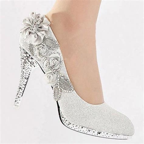 Silver Vogue Lace Flowers Glitter Crystal High Heels Wedding Bridal