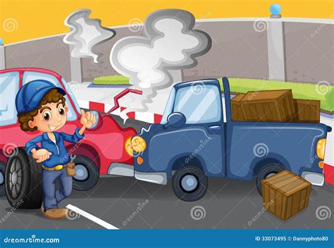 Car Bumping Two Traffic Cones Stock Illustration