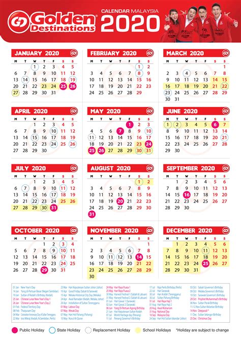 The above is the list of 2020 public holidays declared in international which includes federal, regional government holidays and popular observances. Golden Destinations - 2020 Public Holidays in Malaysia