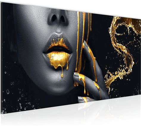 Amazon De Runa Art Wandbild Lippen Gold Schwarz Teilig Modern Bild