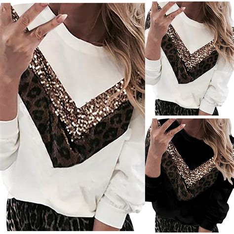Kadın Leopar Baskı Payet Patchwork Trendy Gevşek Pullover Sweatshirt Uygun Fiyatlı Satın Alın