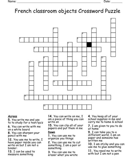 French Classroom Objects Crossword Puzzle Wordmint