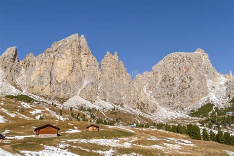 Huts At The Foot Of The Dolomite Mountain Range Cirspitzen Stock Image
