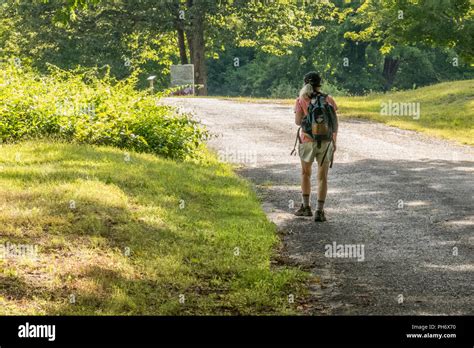 Woman Hiker Walking The Road To Dana Common Quabbin Reservoir