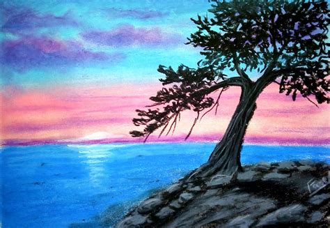 A Beautiful Tree Drawing Sunset Drawing Using Oil Pastel