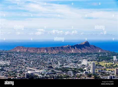 Aerial Cityscape Of Honolulu With Diamond Head Volcano Oahu Usa Stock