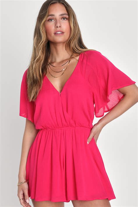 Hot Pink Romper Strappy Back Romper Flutter Sleeve Romper Lulus