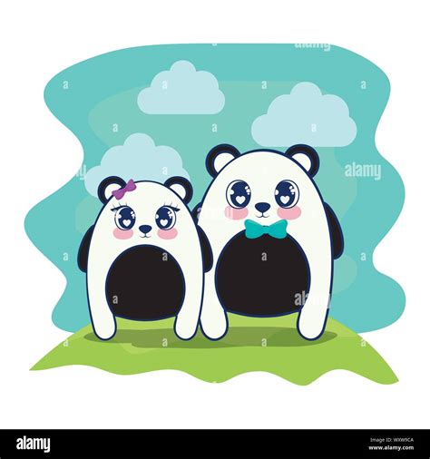 Cute Bears Pandas Couple Characters Vector Illustration Design Stock