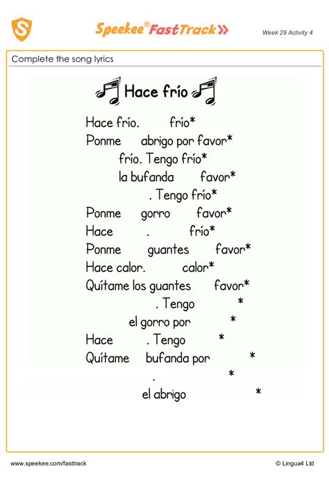 Spanish Printable Complete The Song Lyrics