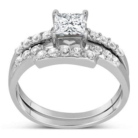 White gold is an affordable alternative to platinum; 1 Carat Princess cut Diamond Wedding Ring Set in White Gold - JeenJewels