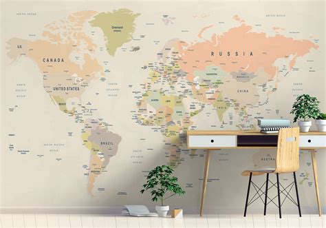 Map Wallpaper Peel And Stick Political World Map Wall Mural Etsy