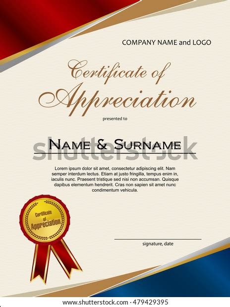 Certificate Appreciation Medal Ribbon Portrait Version Stock Vector