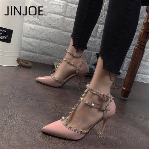 sexy hasp rivet heels female leather high heeled pumps stiletto heel 9 cm pointed toe hollow