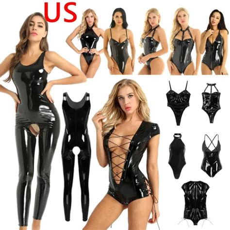 US SEXY WOMENS Glossy Wetlook Bodysuit Leather Jumpsuit Leotard Catsuit Clubwear PicClick