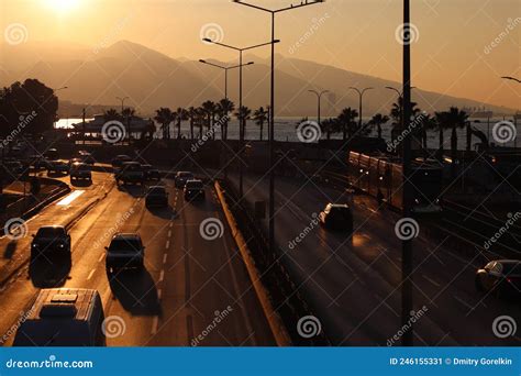 Sunset View Izmir With Sea And Mountain Background Turkey Editorial