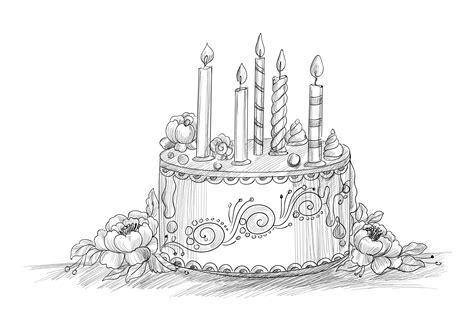 Happy Birthday Decorative Cake With Candles Line Sketch 1254682 Vector