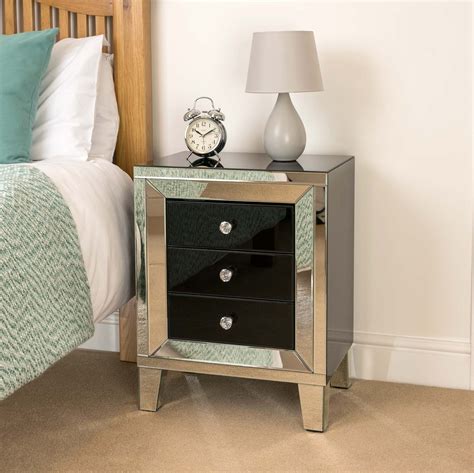 Mirrored Glass Bedside Table 3 Drawer Black Bedroom Cabinet Christow Furniture 5031470208042 Ebay