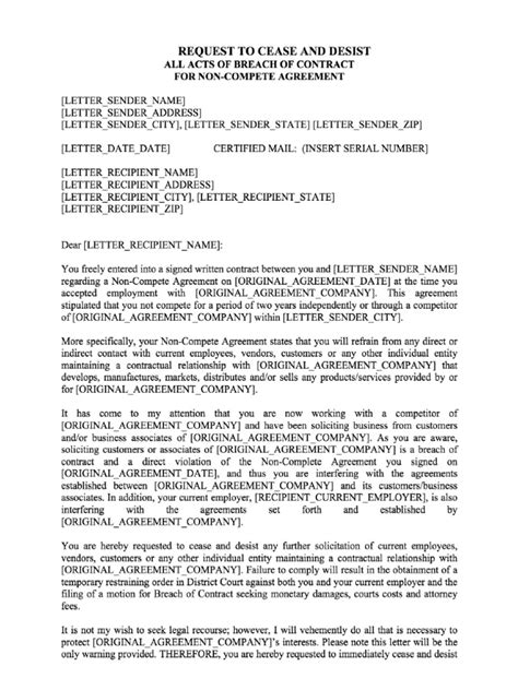 An example of anticipatory breach in the context of the current pandemic would be a scenario in which supplier and customer are parties to a contract where supplier provides customer a critical medical part for customer to use in manufacturing customer's medical equipment. Cease and Desist Breach of Contract Letter | Document ...