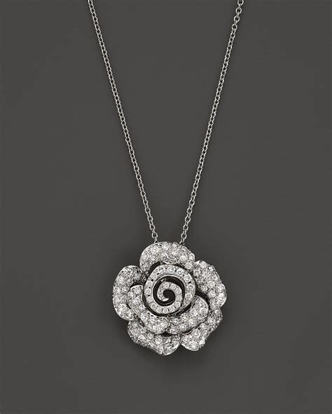 Diamond Rose Pendant Necklace In 14k White Gold 10 Ct Tw