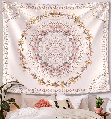 Lifeel White Bohemian Tapestry Wall Hanging Mandala Floral Medallion Hippie Tapestry With Light