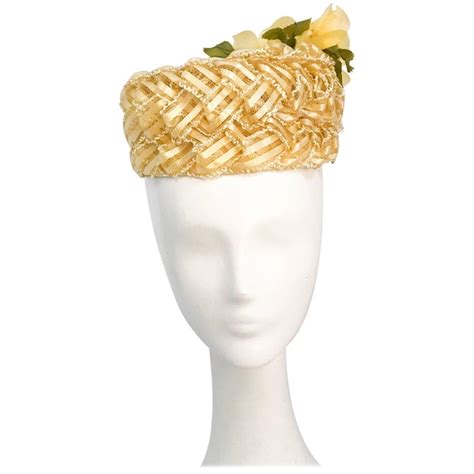 Yellow Raffia And Straw Ribbon Pillbox Hat With Silk Flowers 1960s At
