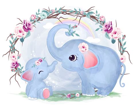 Cute Mom And Baby Elephant In Watercolor Illustration 2723767 Vector