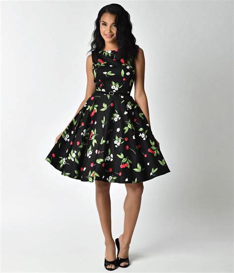 Unique Vintage 1950s Style Black Cherry And Floral Sleeveless Belted Swing Dress Shopstyle