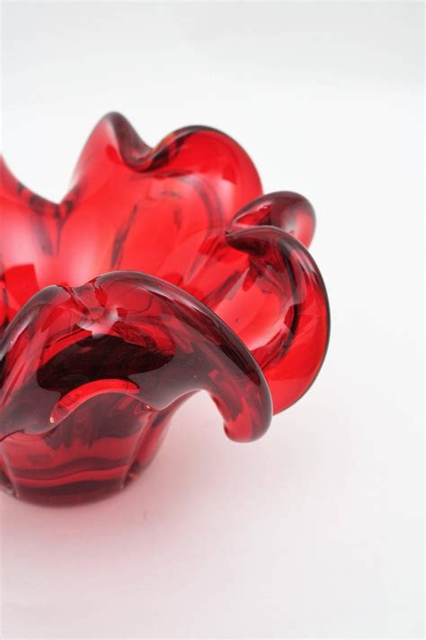 Italian Midcentury Red Handblown Murano Art Glass Flower Bowl Or