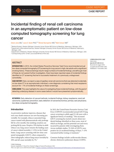 Pdf Incidental Finding Of Renal Cell Carcinoma In An Asymptomatic