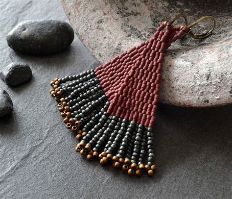 seed-bead-fringe-earrings-lightweightbrick-red-black-bead-etsy-bead-work,-bead-weaving,-seed