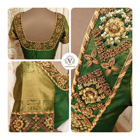 Green Colour Embroidery Blouse Back Neck Hands Designs For Bridal