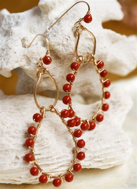 Coral Earrings Coral Jewelry Gold Hoop Earrings Chandelier Etsy