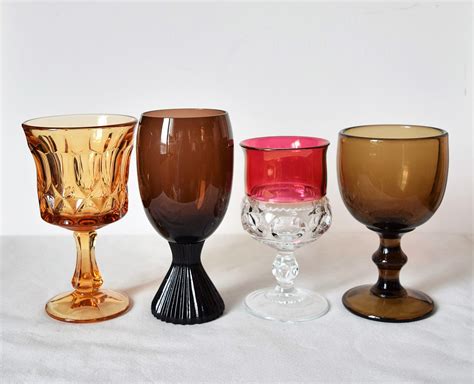 Mixed Set Of 4 Colored Glass Goblets Glass Goblets Vintage Etsy